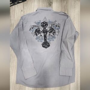 Gray Long Sleeve Shirt with Embroidered Crosses